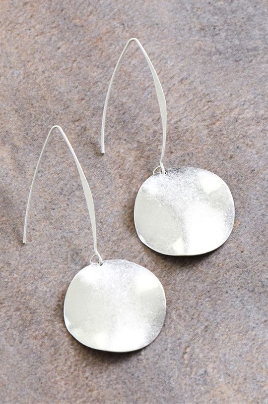 Round Silver Disc Long Wire Threader Earrings