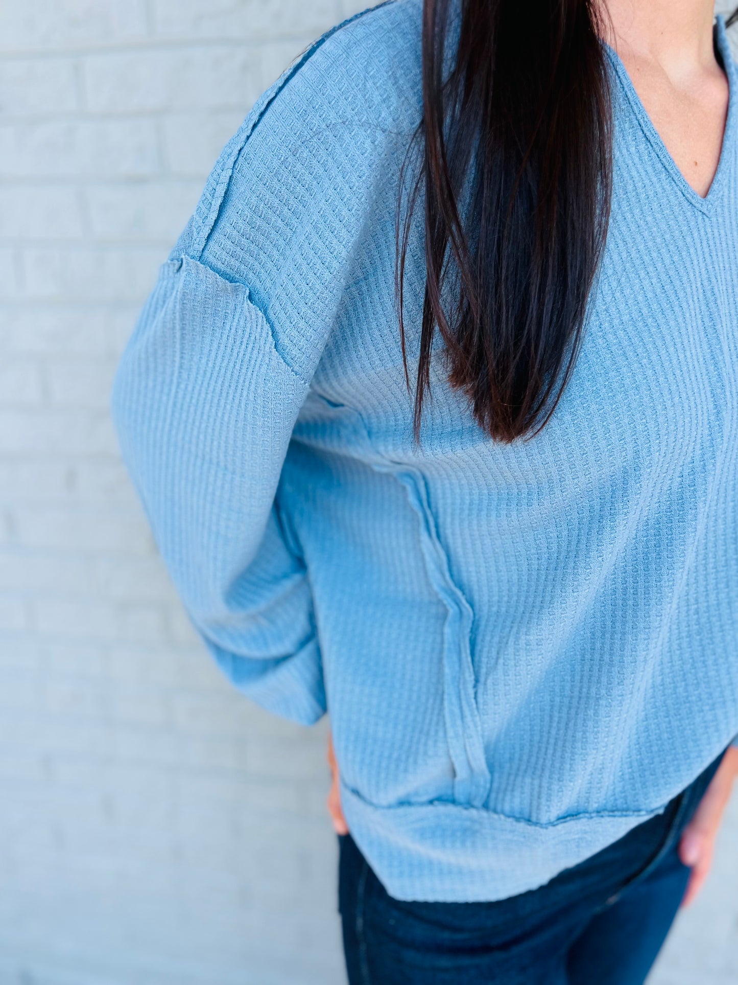 Dusty Blue Raw Edge Knit Top