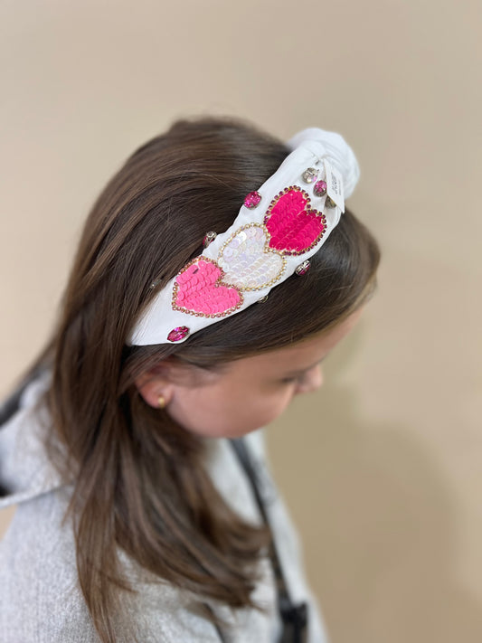 Sequin Heart Headband in White