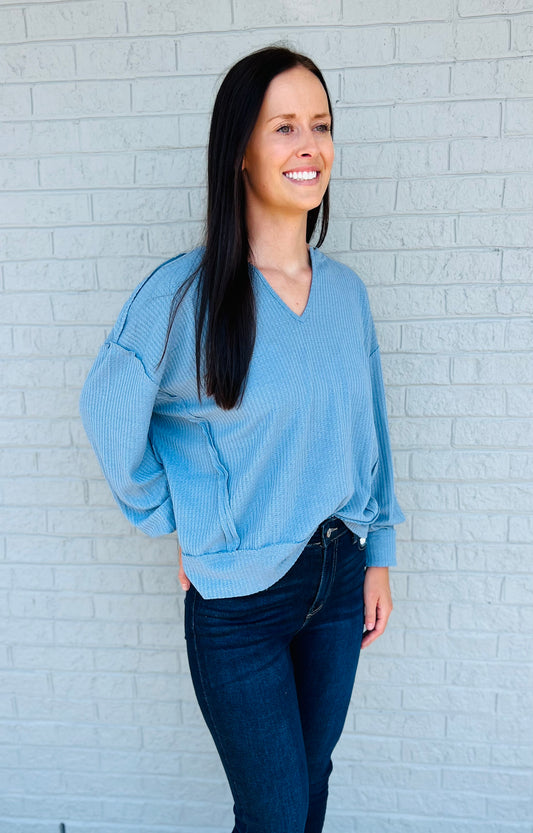 Dusty Blue Raw Edge Knit Top