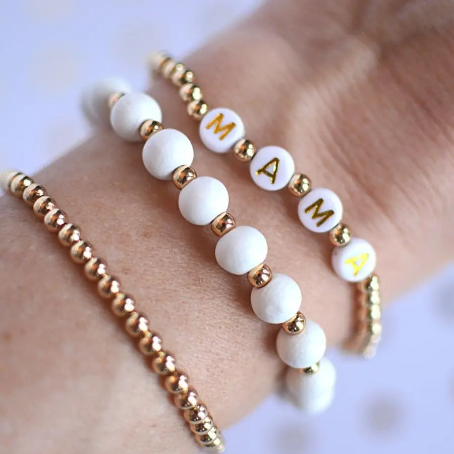 Cream and Gold Mama Word Beaded Stretch Bracelet Stack