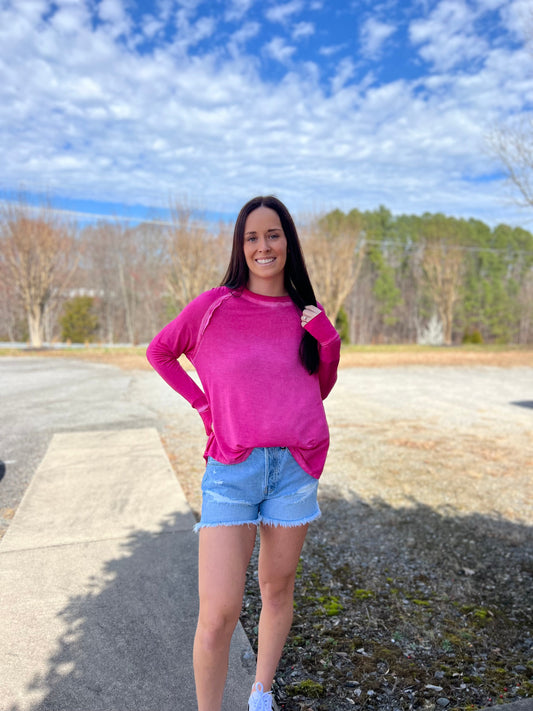 Washed Long Sleeve with Thumb Hole Cuff in Fuchsia