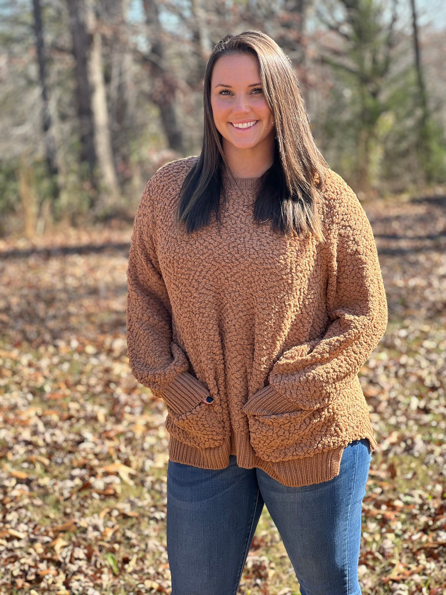 Front Pocket Popcorn Sweater in Camel