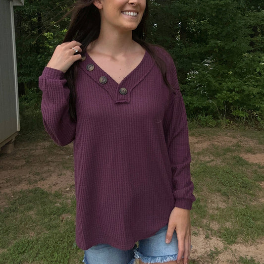 Brushed Waffle V-Neck Button Detail Sweater in Eggplant