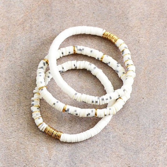 Rubber Flat Disc Bead Bracelet Set in White