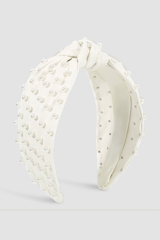 Leather Pearls Knot Headbands in White