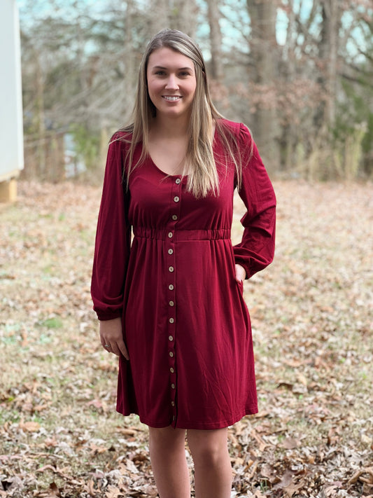 Casual Buttons Up Elastic Waist Short Dress in Burgundy