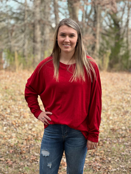 Casual Seam Dolman Top in Red